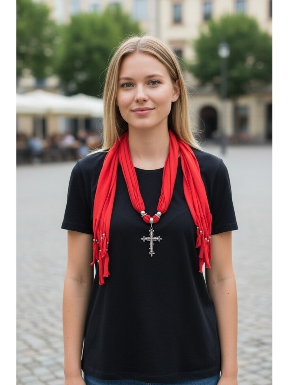 Rhinestone Cross Pendant Silver Beaded Jewelry on Red Scarf Necklace NWT